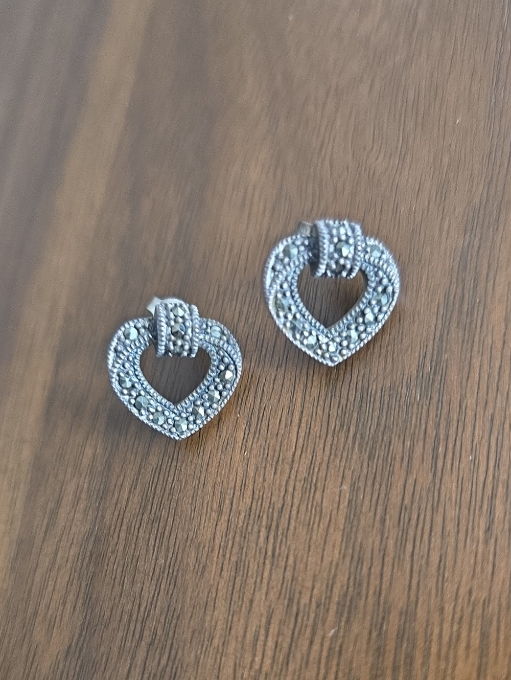 VTG Sterling Silver & Marcasite Heart Stud Earrings